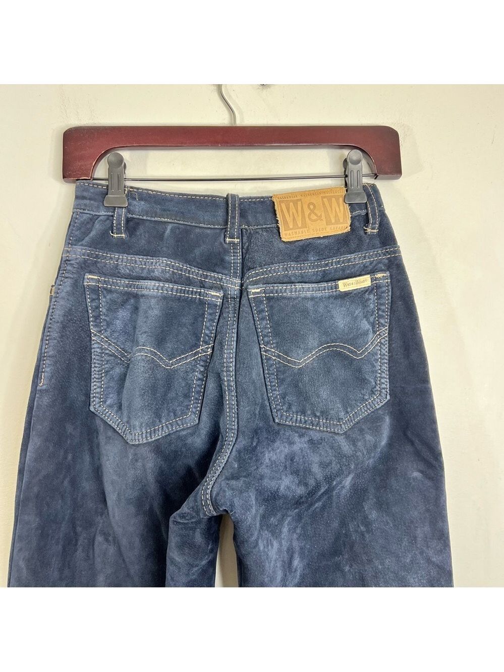 Vintage 80s 90s Wash & Wear genuine suede dark blue high rise slim fit pants 24 - Picture 7 of 15